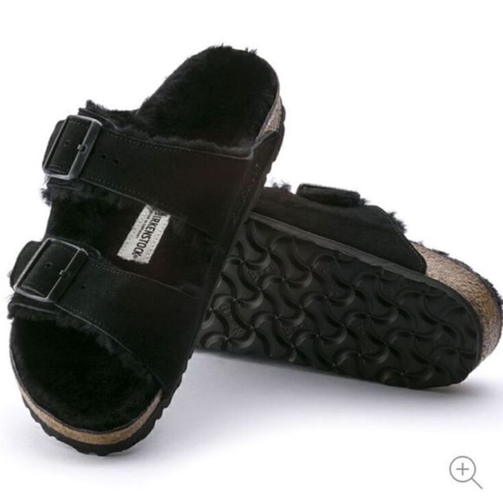 Birkenstock Arizona Big Buckle Shearling Sandals Black NWOB EU 39 - Picture 1 of 9